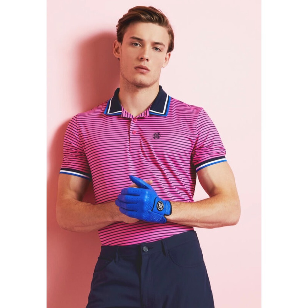 NWT G/Fore Polo Shirt Men S Pink Stripe Skull & T's 3D Banded Sleeve Tech G Fore